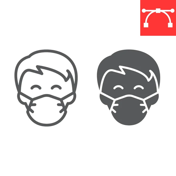 Homem na linha de máscara facial e ícone de glifo, coronavírus e covid-19, usando gráficos de vetor de sinal de máscara, ícone linear de curso editável, eps 10. —  Vetores de Stock