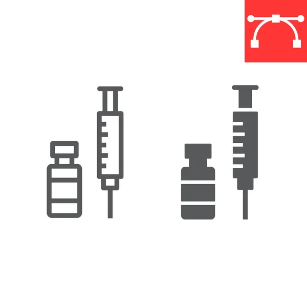 Linea vaccinale Covid-19 e icona del glifo, coronavirus e siringa, grafica vettoriale del segno di vaccinazione, icona lineare dell'ictus modificabile, punti 10. — Vettoriale Stock