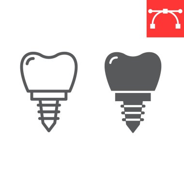 Denatal implant hattı ve glyph simgesi, diş ve stomatolji, diş implant işareti vektör grafikleri, düzenlenebilir felçli doğrusal simge, eps 10.