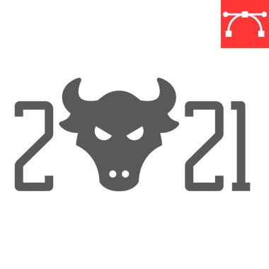 Boğa 2021 glyph simgesi yılı, mutlu noeller ve yeni yıl, öküz işaretleri vektör grafiklerinin yılı, düzenlenebilir katı ikon, 10 puan.