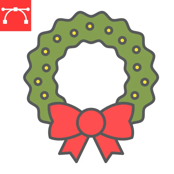 クリスマスリースカラーラインアイコン、陽気なクリスマスとクリスマス、クリスマスの装飾的なサインベクトルグラフィックス、編集可能なストロークのフルアウトラインアイコン、 Eps 10. — ストックベクタ
