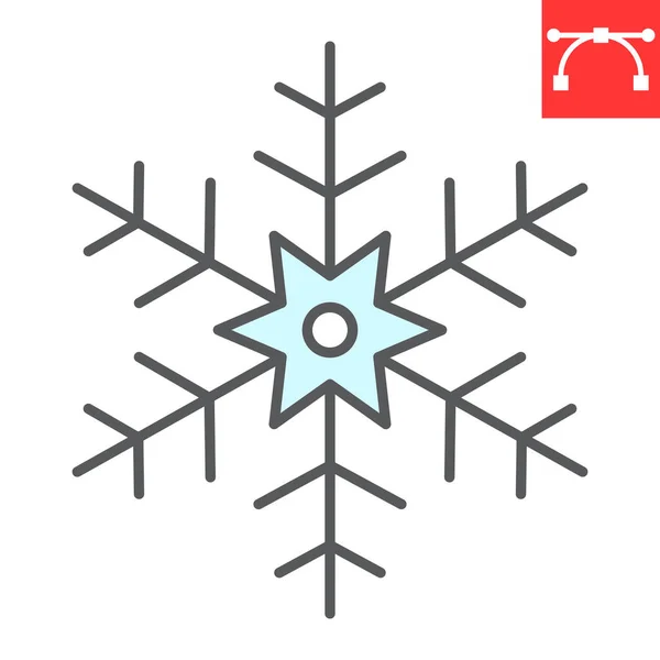 Ícone de linha de cor floco de neve, Feliz Natal e geada, gráficos de vetor de sinal de neve, ícone de esboço preenchido curso editável, eps 10. — Vetor de Stock