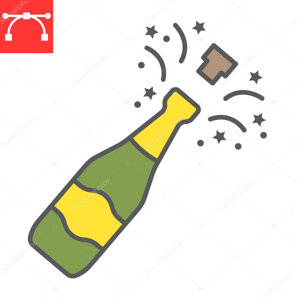 Champagne bottle popping color line icon, merry christmas and drink, alcohol sign vector graphics, editable stroke filled outline icon, eps 10.