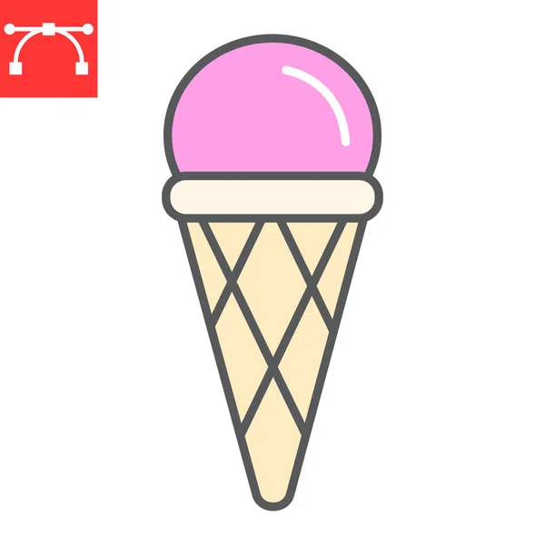 Ícone de linha de cor de cone de sorvete, sobremesa e delicioso, sorvete em waffle cone sinal vetor gráficos, ícone de esboço preenchido curso editável, eps 10. —  Vetores de Stock
