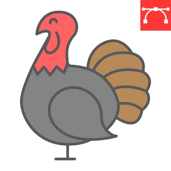 Icono de línea de color de pájaro de Turquía, acción de gracias y aves de corral, gráficos vectoriales de signo de pájaro de pavo, icono de contorno lleno de trazo editable, eps 10. — Vector de stock