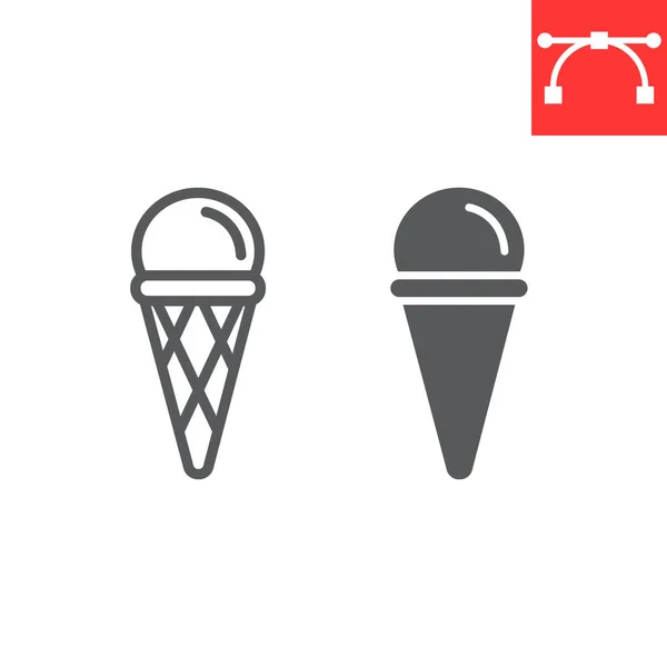 Zmrzlinová kuželová linie a ikona glyfu, dezert a lahodné, zmrzlina ve vaflovém kuželu znaková vektorová grafika, editovatelná tahová lineární ikona, eps 10. — Stockový vektor