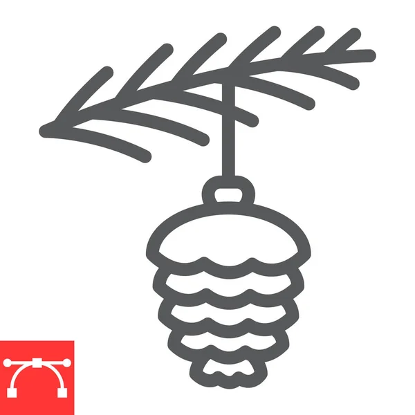 Juguete de cono de abeto con icono de línea de rama, Feliz Navidad y rama de pino, Navidad bauble signos gráficos vectoriales, icono lineal carrera editable, eps 10. — Vector de stock