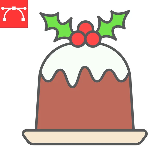 Navidad pudín icono de línea de color, Feliz Navidad y postre, bayas de acebo signo de gráficos vectoriales, icono de contorno lleno de movimiento editable, eps 10. — Vector de stock