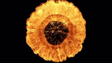 Çarpışan dinamik turuncu parçacıkların görsel olarak çarpıcı soyut bir temsili, katı siyah bir arkaplana karşı güzel bir enerji patlaması oluşturur, yoğunluk, hareket, enerji ve canlı ısı uyandırır..