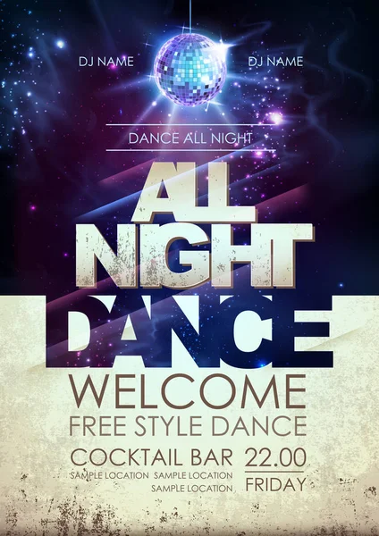 Disko Topu Arka Plan Bütün Gece Dans Partisi Posterinde Açık — Stok Vektör
