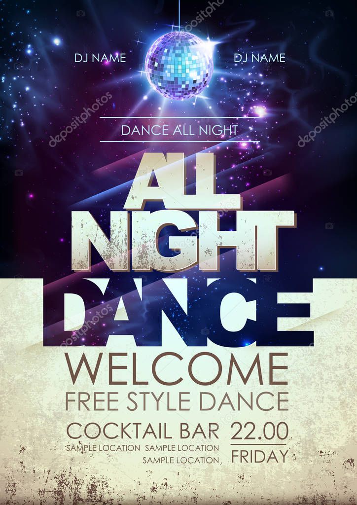 Disco ball background. Disco all night dance party poster on open space background