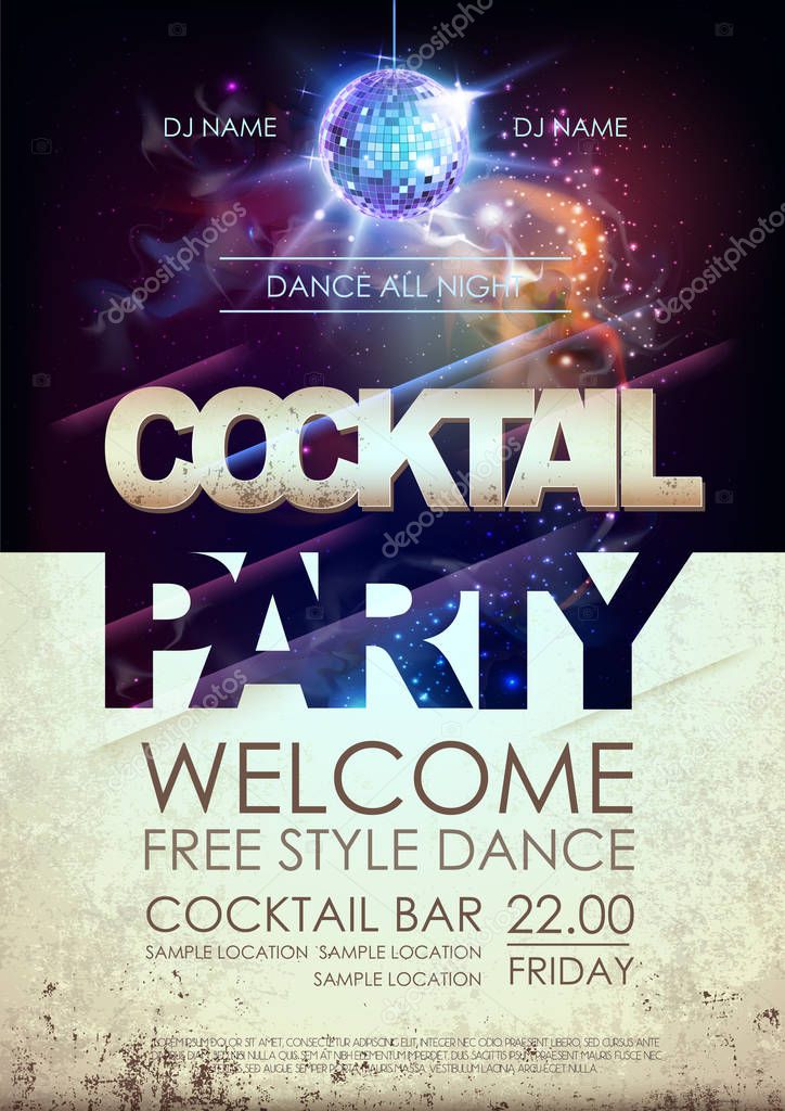 Disco ball background. Disco cocktail party poster on open space background