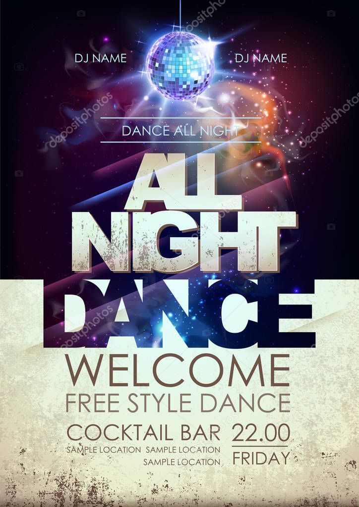 Disco ball background. Disco all night dance party poster on open space background