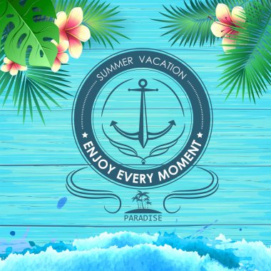 Mavi ahşap arka plan üzerine yaz poster. Poster yaz tatili yazı, enerjisi anın tadını çıkarın
