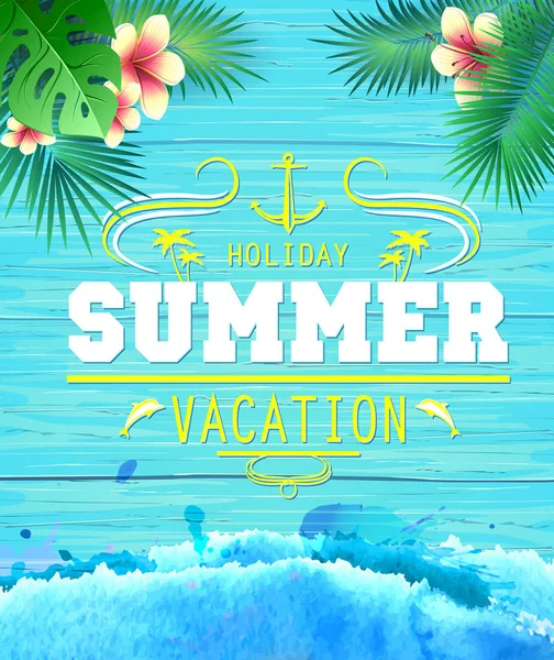 青い木製の背景に夏のポスター 夏の休暇をレタリング — ストックベクタ