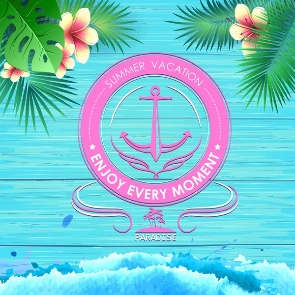 蓝色木质背景的夏日海报 刻字海报暑假 享受节能时刻 — 图库矢量图片