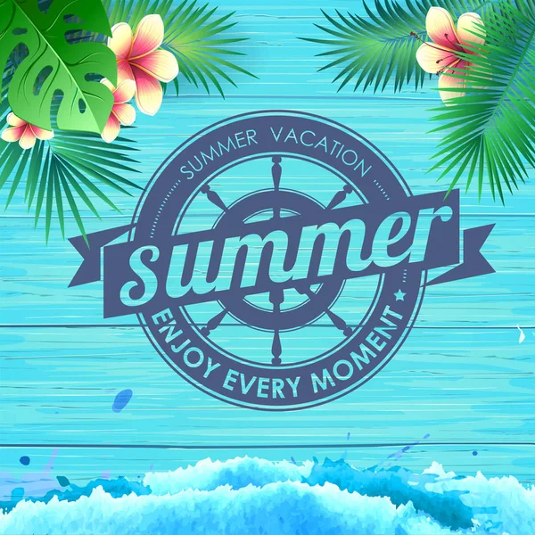 蓝色木质背景的夏日海报 刻字海报暑假 享受节能时刻 — 图库矢量图片