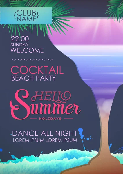 你好暑假 迪斯科夏天党海报与鸡尾酒 — 图库矢量图片
