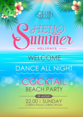 Yaz disko poster kokteyl plaj partisi. Yaz tatili poster Merhaba yazı