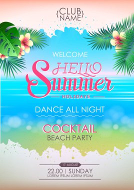 Yaz disko poster kokteyl plaj partisi. Yaz tatili poster Merhaba yazı