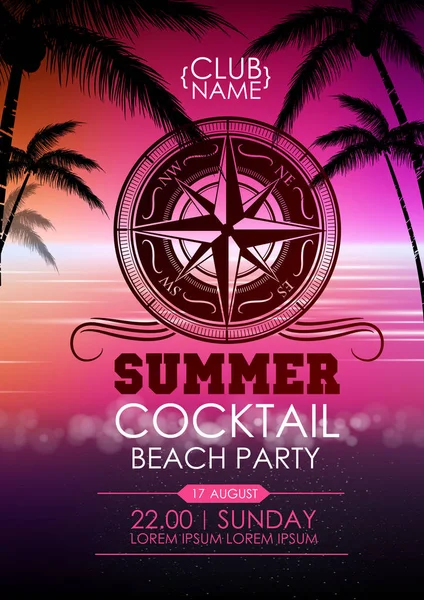 Summer Disco Poster Cocktail Beach Party — Stock Vector