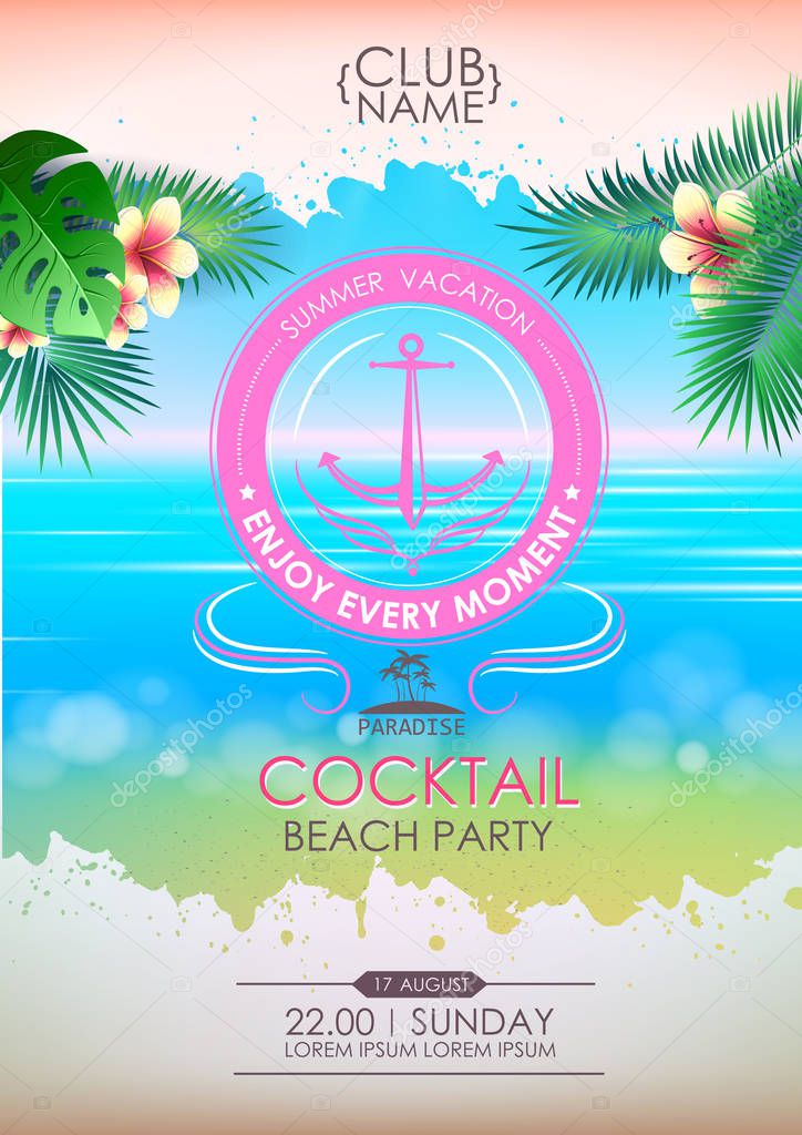 Summer disco poster cocktail beach party. Lettering poster enjoy every moment