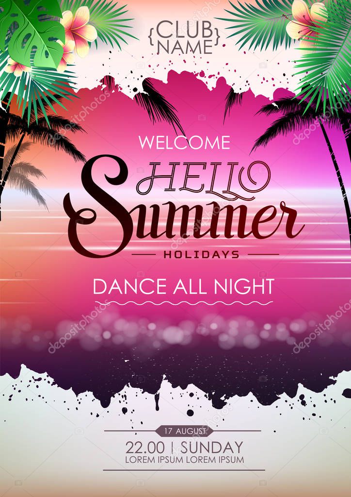 Summer disco poster cocktail beach party. Lettering poster hello summer holidays