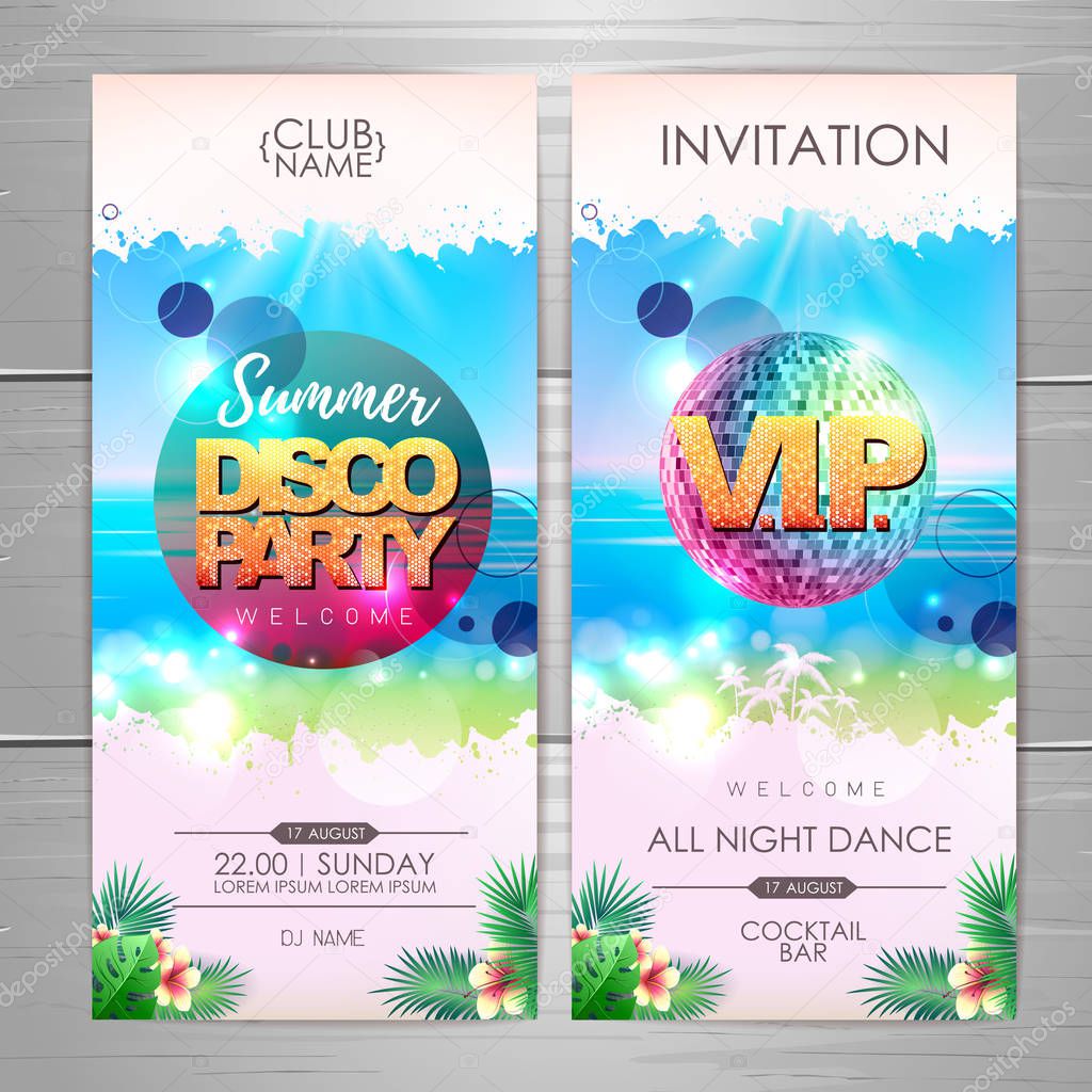 Summer party poster design on neon background. Disco party invitation
