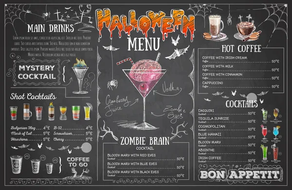 Vintage Gesso Disegno Halloween Menu Design Menù Ristorante — Vettoriale Stock