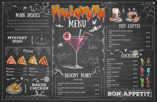 Desenho Giz Vintage Halloween Menu Design Menu Restaurante — Vetor de Stock