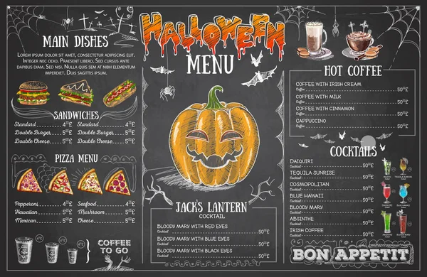 Vintage Křídou Nakreslený Halloween Menu Design Menu Restaurace — Stockový vektor