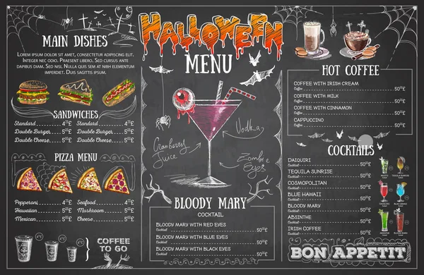 Vintage Gesso Disegno Halloween Menu Design Menù Ristorante — Vettoriale Stock