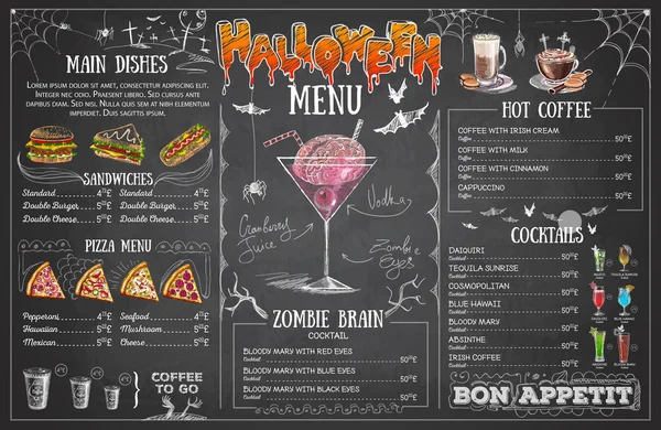 Vintage Gesso Disegno Halloween Menu Design Menù Ristorante — Vettoriale Stock