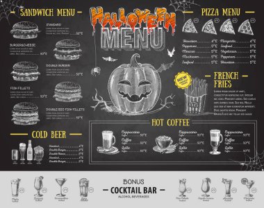 Vintage tebeşir çizim Cadılar Bayramı menü tasarımı. Restoran menü