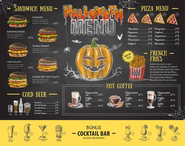 Vintage Gesso Disegno Halloween Menu Design Menù Ristorante — Vettoriale Stock