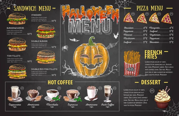 Vintage Gesso Disegno Halloween Menu Design Menù Ristorante — Vettoriale Stock