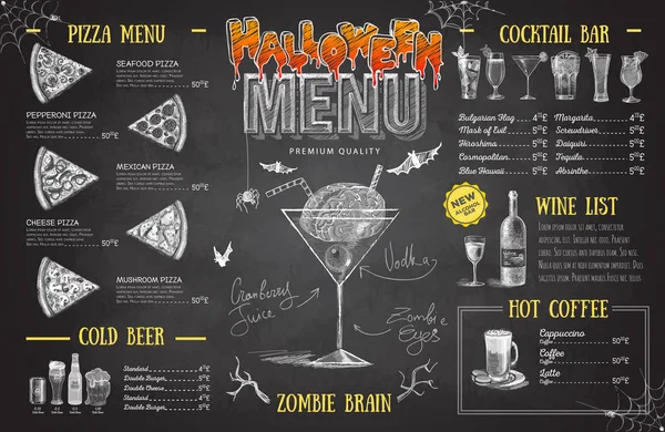 Vintage Gesso Disegno Halloween Menu Design Menù Ristorante — Vettoriale Stock