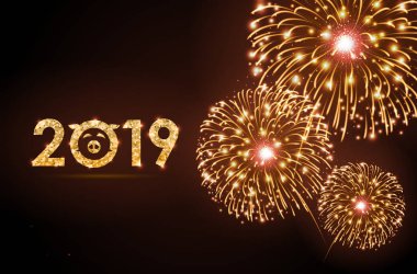 Vektör tatil Festivali Altın havai fişek. Mutlu yeni yıl kartı 201