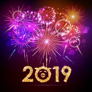 Vektör tatil Festivali Altın havai fişek. Mutlu yeni yıl kartı 201