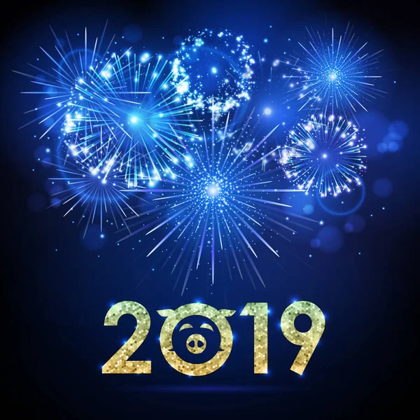 ベクトル休日青祭花火 新年あけましておめでとうございますカード 2019 — ストックベクタ