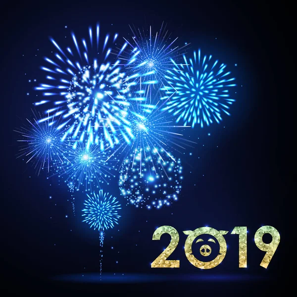 Διάνυσμα Διακοπών Φεστιβάλ Μπλε Πυροτέχνημα Ευτυχισμένο Νέο Έτος Κάρτα 2019 — Διανυσματικό Αρχείο