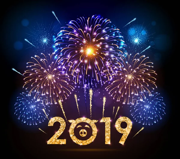 ベクトル休日青祭花火 新年あけましておめでとうございますカード 2019 — ストックベクタ