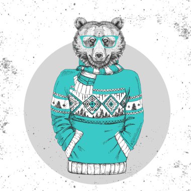 Retro Hipster moda hayvan ayı kazak içinde giyinmiş. Hippi tarzı