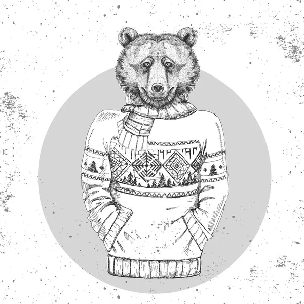 Moda Retro Hipster Zwierzęta Niedźwiedź Ubrane Sweter Hipster Stylu — Wektor stockowy