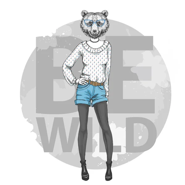 Retro Hipster Mode Tierbär Frauenmodell — Stockvektor