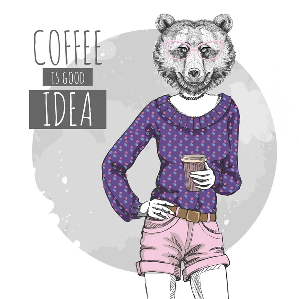 Retro Hipster fashion animal bear with coffee. Woman model