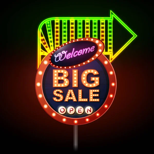 Neon Sign Big Sale Open Vintage Electric Signboard Road Sign — Stock Vector
