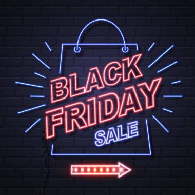 Neon işareti siyah Cuma büyük bir satış tuğla duvar arka plan üzerine açık. Vintage elektrik tabela.