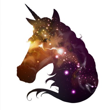 Fantezi hayvan tek boynuzlu at açık alan arka plan üzerinde sanatsal siluet. Hipster hayvan illüstrasyon.