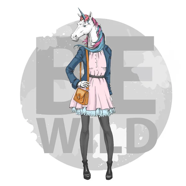 Retro Hipster Mode Fantaisie Animal Licorne Modèle Femme — Image vectorielle